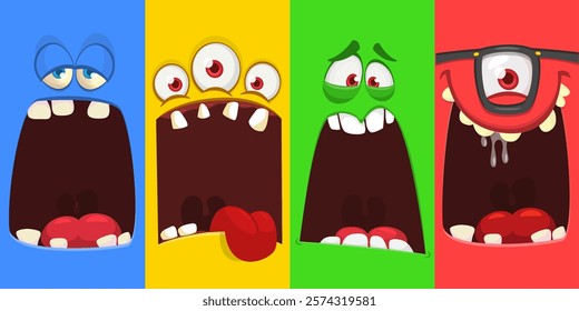 Cartoon monsters and aliens faces set with funny expressions and  opened mouth blank space for text . Great for package design or party decoration. Vector isolated.