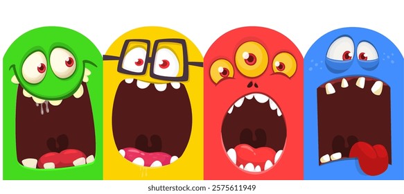 Cartoon monsters and aliens faces set with funny expressions and  opened mouth blank space for text . Great for package design or party decoration. Vector isolated.