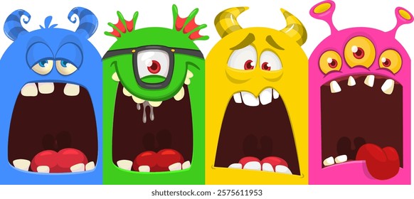 Cartoon monsters and aliens faces set with funny expressions and  opened mouth blank space for text . Great for package design or party decoration. Vector isolated.