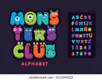 Cartoon Monsters Alphabet Set Icons. Funny Monster Letter And Numbers Set.