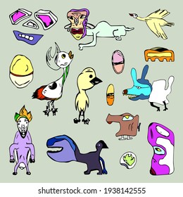 Cartoon monsters and birds in pop-art style for stickers, print and symbols