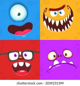 Cartoon monsters characters. Illustration of happy scary smiling alien creatures for Halloween party. Package, poster or greeting invitation design. Vector isolated