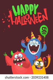 Cartoon monsters characters. Illustration of happy scary smiling alien creatures for Halloween party. Package, poster or greeting invitation design. Vector isolated