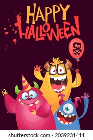 Cartoon monsters characters. Illustration of happy scary smiling alien creatures for Halloween party. Package, poster or greeting invitation design. Vector isolated
