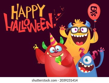 Cartoon monsters characters. Illustration of happy scary smiling alien creatures for Halloween party. Package, poster or greeting invitation design. Vector isolated