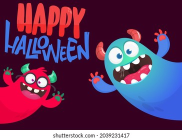 Cartoon monsters characters. Illustration of happy scary smiling alien creatures for Halloween party. Package, poster or greeting invitation design. Vector isolated