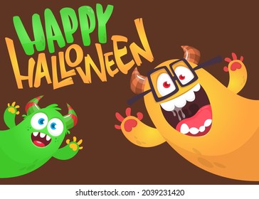 Cartoon monsters characters. Illustration of happy scary smiling alien creatures for Halloween party. Package, poster or greeting invitation design. Vector isolated