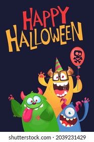 Cartoon monsters characters. Illustration of happy scary smiling alien creatures for Halloween party. Package, poster or greeting invitation design. Vector isolated