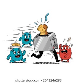Cartoon monsters chase a toaster with popping bread.