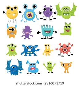 Cartoon Monsters collection. Vector set of cartoon monsters isolated. Design for print, party decoration, t-shirt, illustration, logo, emblem or sticker