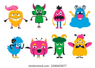 Cartoon Monsters collection. Vector set of cartoon monsters isolated. Cute kawaii cartoon scary funny baby character. Eyes, tongue, tooth fang, hands up.