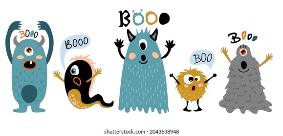 Monstruos de caricaturas. Criaturas ricas con cara divertida, pequeños símbolos graciosos de horror, personajes de humor para mascota, monstruos de ilustraciones vectoriales para pegatinas aisladas en blanco. Elementos de Halloween.
