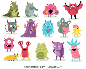 Cartoon monsters. Cute goblins, colorful crazy alien characters, funny comic gremlins, little bright dragons and devil spooky creatures. Halloween scary toy mascots set vector flat isolated collection