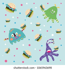 cartoon monsters eating burgers on blue pattern background