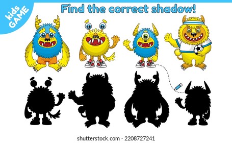 Cartoon monsters. Educational game for kids. Find the correct shadow. Vector illustration.