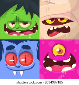 Cartoon monsters faces set. Vector collection of four Halloween monster character square avatars with different face expressions. Mummy, zombie, vampire and alien creature cyclops. Isolated