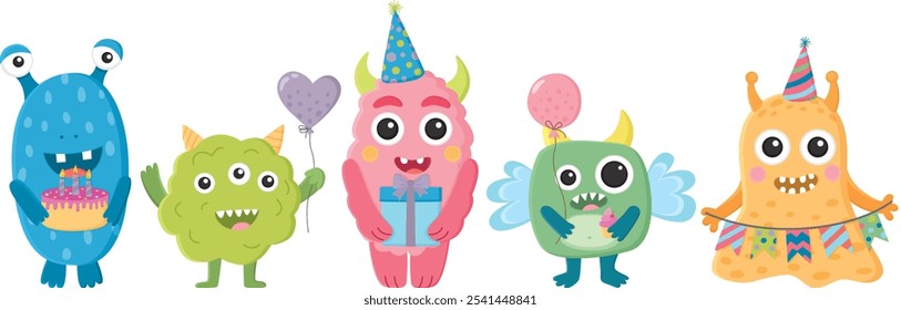 Сmonstruos de dibujos animados con atributos festivos. Conjunto de divertidos personajes de cumpleaños coloridos	