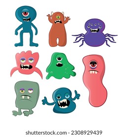 Cartoon monsters flat big icons set. Children colorful cute monster toy.