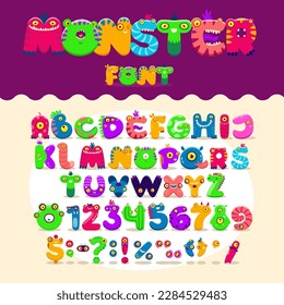 Cartoon monsters font, type, typeface and alphabet. Vector letter and number characters with cute Halloween monster animals and aliens. Funny abc with crazy smiles, kids education english alphabet