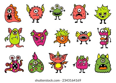 Cartoon monsters. Funny aliens with horns and fluffy fur. Spooky animals. Color goblins with teeth. Bigfoots with happy or angry faces. Ugly little mutants. Vector isolated beasts set