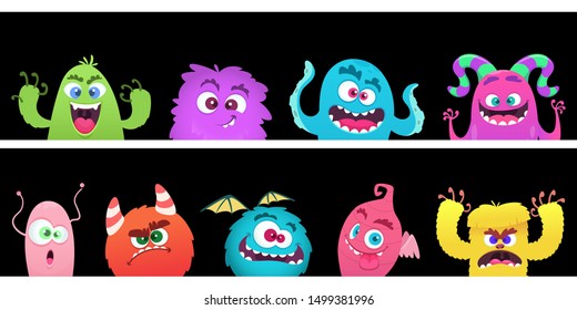 Cartoon monsters. Halloween monster faces vector banners template