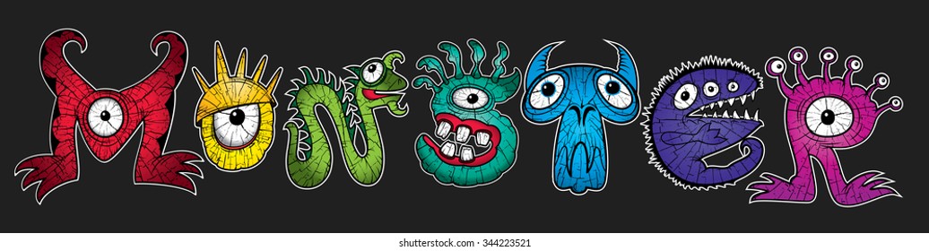 cartoon monsters halloween text vector illustrations