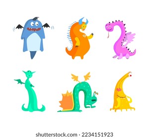 Cartoon Monsters with Horns and Wings Having Smiling and Friendly Snout Vector Set