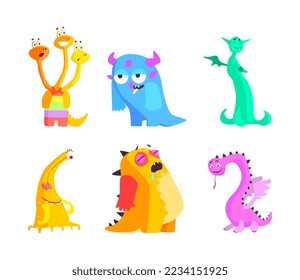 Cartoon Monsters with Horns and Wings Having Smiling and Friendly Snout Vector Set