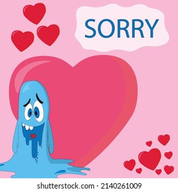 Cartoon Monsters On A Monochrome Background With Hearts. Apology Card