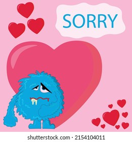 Cartoon monsters on a monochrome background with hearts. apology card