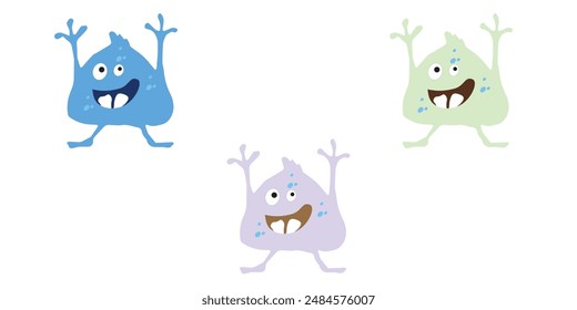 Cartoon monsters with open mouth and funny teeth. Children's monster set. Vector abstract animal, character collection. Halloween cute creatures. Crazy colorful silhouette. Head, face, big eyes, icon.