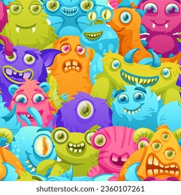 Cartoon monsters pattern. Funny crowd of colorful aliens, monster creatures seamless vector background illustration. Spooky furry halloween beasts with horns, big eyes and sharp teeth