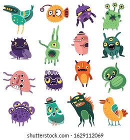 Cartoon monsters set. Children's funny characters. Comical creatures. Isolated vector figures on a white background