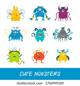 Cartoon monsters set. Colorful fantasy character with wings, horns, tails isolated. Creatures and different emotions. Design for print, t-shirt, illustration, logo.