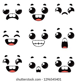 Cartoon monsters. Set of different emotions on the faces of the characters. Vector black and white drawing.