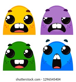 Cartoon monsters. Set of different emotions on the faces of the characters. Bright color vector drawing.