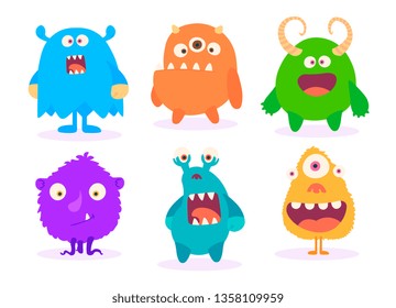 Cartoon Monsters set for Halloween. Vector set of cartoon monsters isolated. Design for print, party decoration, t-shirt, illustration, logo, emblem or sticker