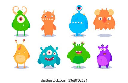 Cartoon Monsters set for Halloween. Vector set of cartoon monsters isolated. Design for print, party decoration, t-shirt, illustration, logo, emblem or sticker