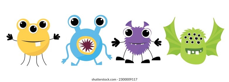 Cartoon Monsters set for Halloween. Vector set of cartoon monsters isolated. Design for print, party decoration, t-shirt, illustration, logo, emblem or sticker