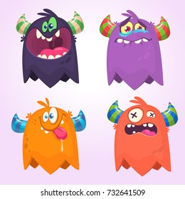 Monstros dos desenhos animados definido para o Dia das Bruxas. Conjunto vetorial de monstros dos desenhos animados isolados. Design para impressão, decoração de festa, camiseta, ilustração, logotipo, emblema ou adesivo