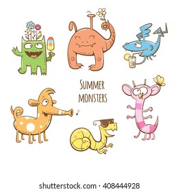 Cartoon  monsters set. Summer food and drink. Vector image. Children's illustration. 
