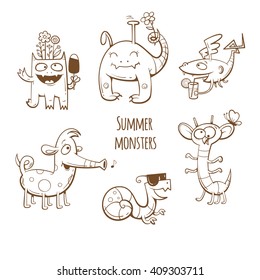 Cartoon  monsters set. Summer food and drink. Vector contour image. Children's illustration.  Transparent background. 