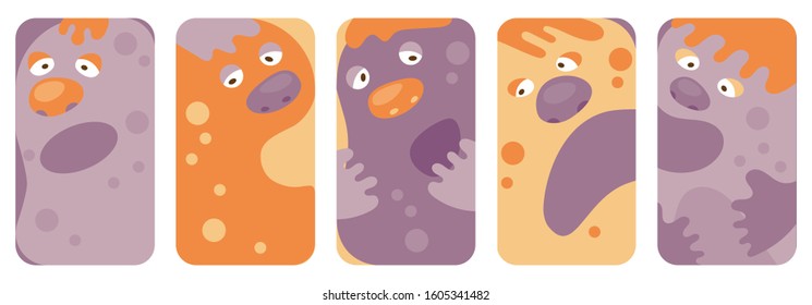 Cartoon monsters set. Vector set of five funny mobile sites. Mock up for package design. Social media abstract backgrounds pack. 