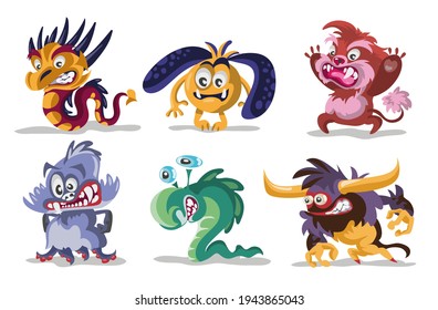 Cartoon Monsters set. Vector set of cartoon monsters isolated. Design for print, party decoration, t-shirt, illustration, logo, emblem or sticker