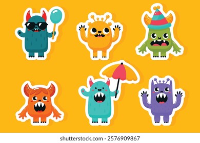 Cartoon monsters stickers set isolated flat vector illustration