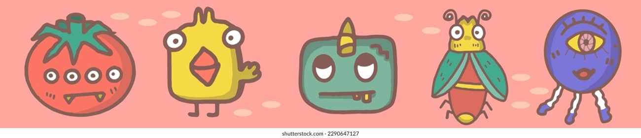 caricatura de colección de doodles vectoriales de monstruos. Diseño de marcadores. Plantilla de marca de libro de papel para bebé. 