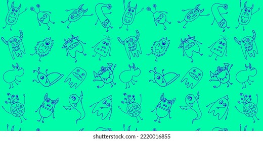 Cartoon Monsters Vector Hand Drawn Pattern
