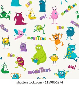 Cartoon monsters. Vector seamless pattern for kids