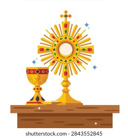 Cartoon monstrance. Vector monstrance. Flat vector illustration of a golden monstrance and religious chalice on a wooden altar.