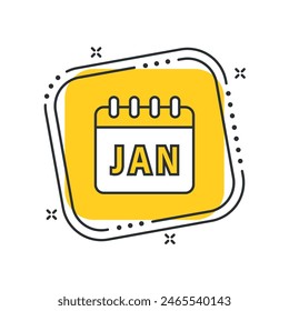 Cartoon monthly calendar icon vector illustration. January on isolated yellow square background. Calendar leaf sign concept.